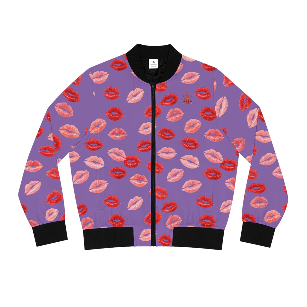 Psyche Collection Light Purple, Kiss Print Uni-Sex Bomber Jacket —  Lipstick Kisses Print