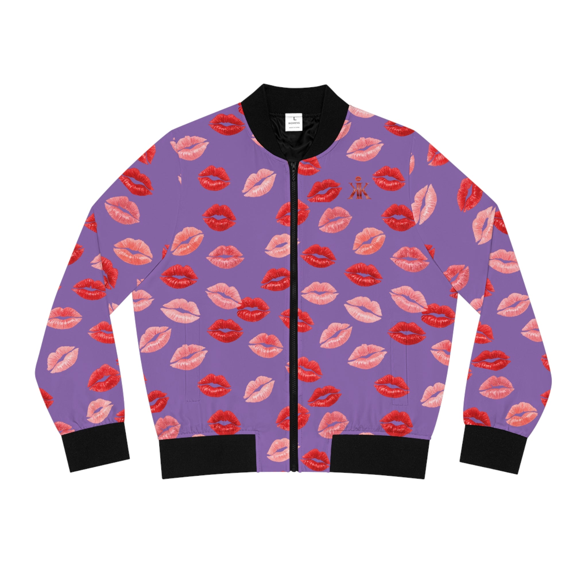 Psyche Collection Light Purple, Kiss Print Uni-Sex Bomber Jacket —  Lipstick Kisses Print