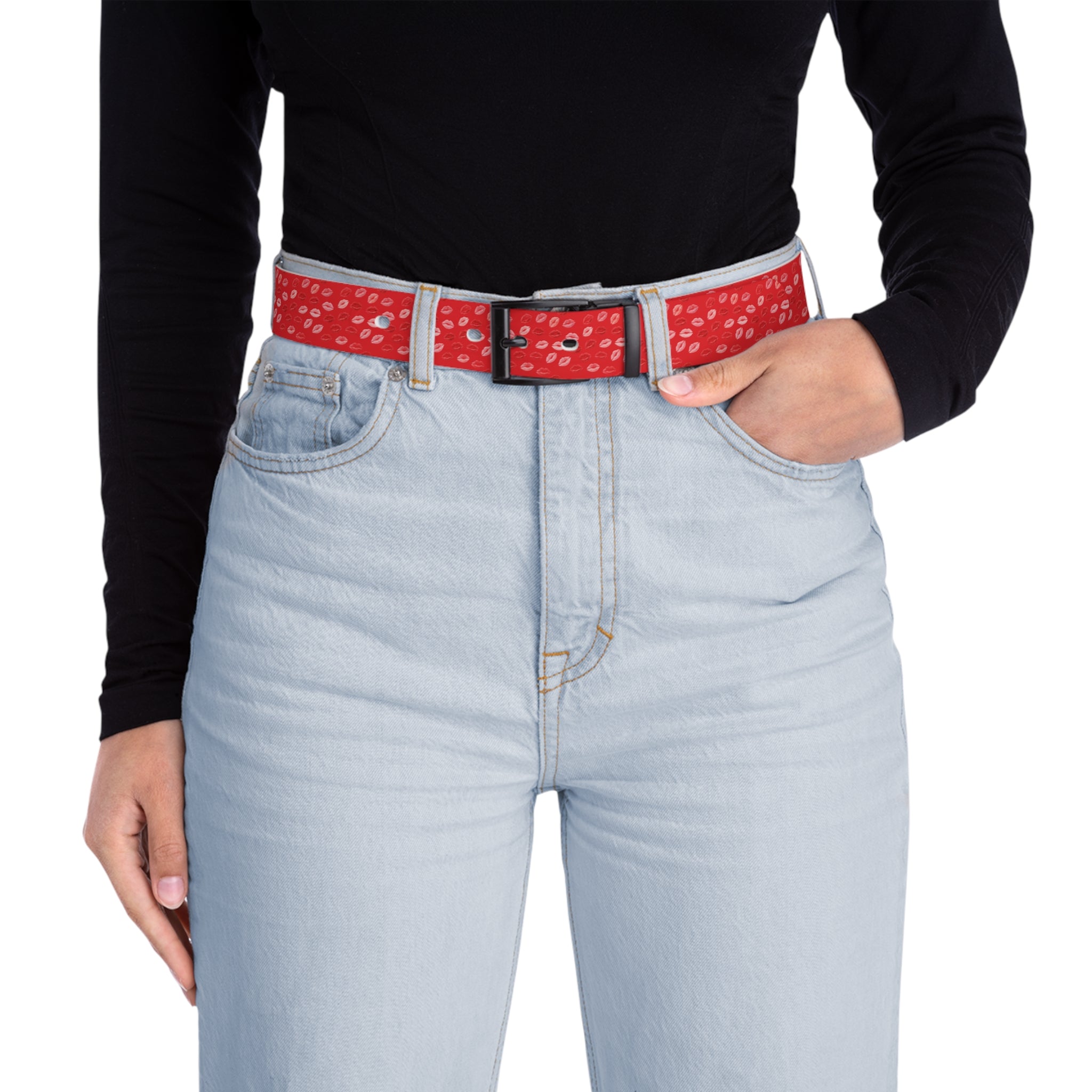 Psyche Collection Women's RED Pink And Red Lip Print Belt – Cute Kiss Pattern Fashion Belt