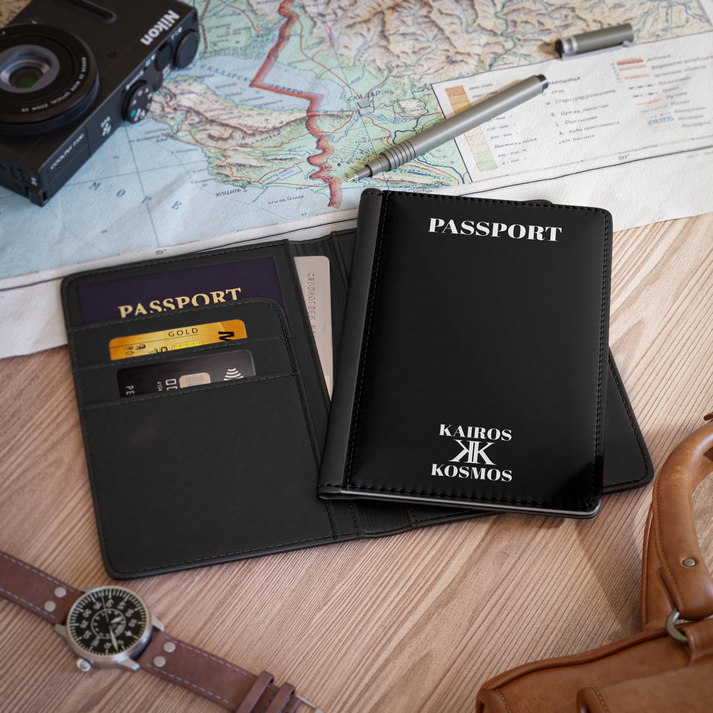 Passport Cover Black - Minimal 'PASSPORT' Text with Kairos Kosmos Logo