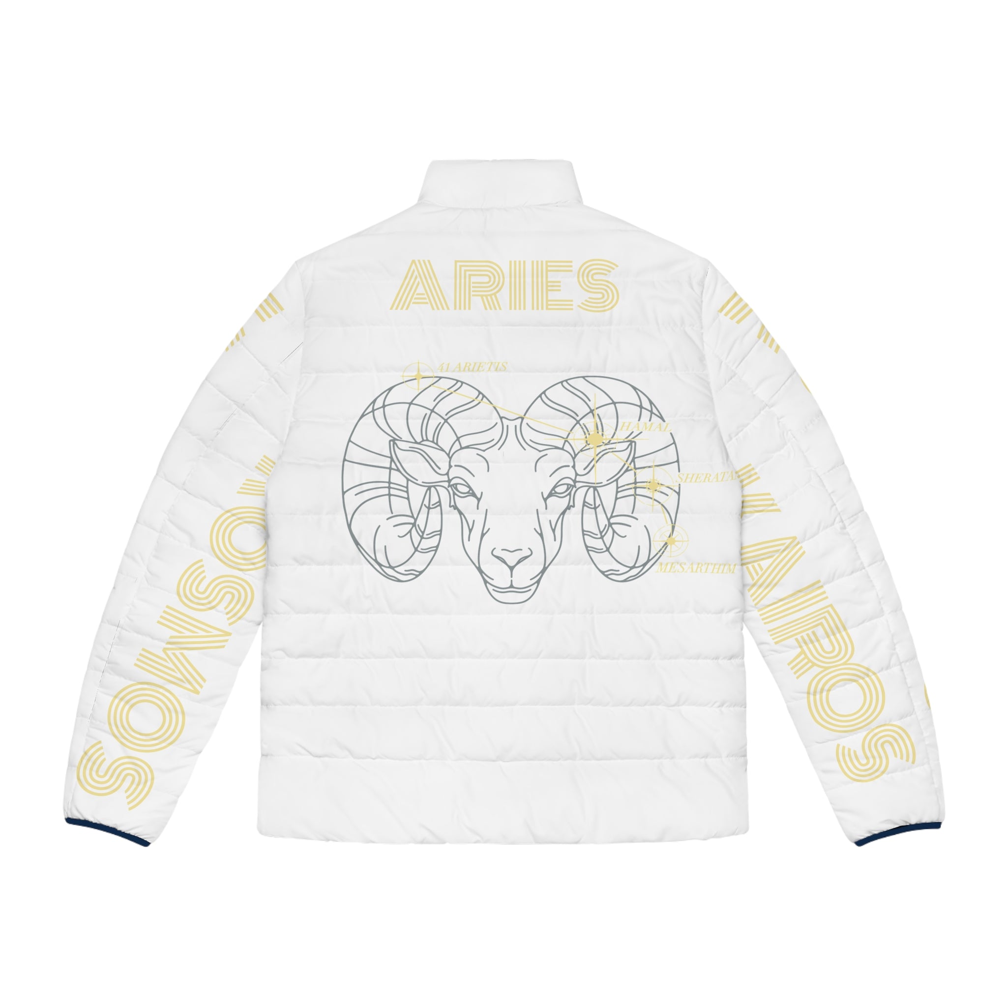 Aether Collection White Aries Puffer Jacket – Zodiac Ram Graphic Men's Jacket
