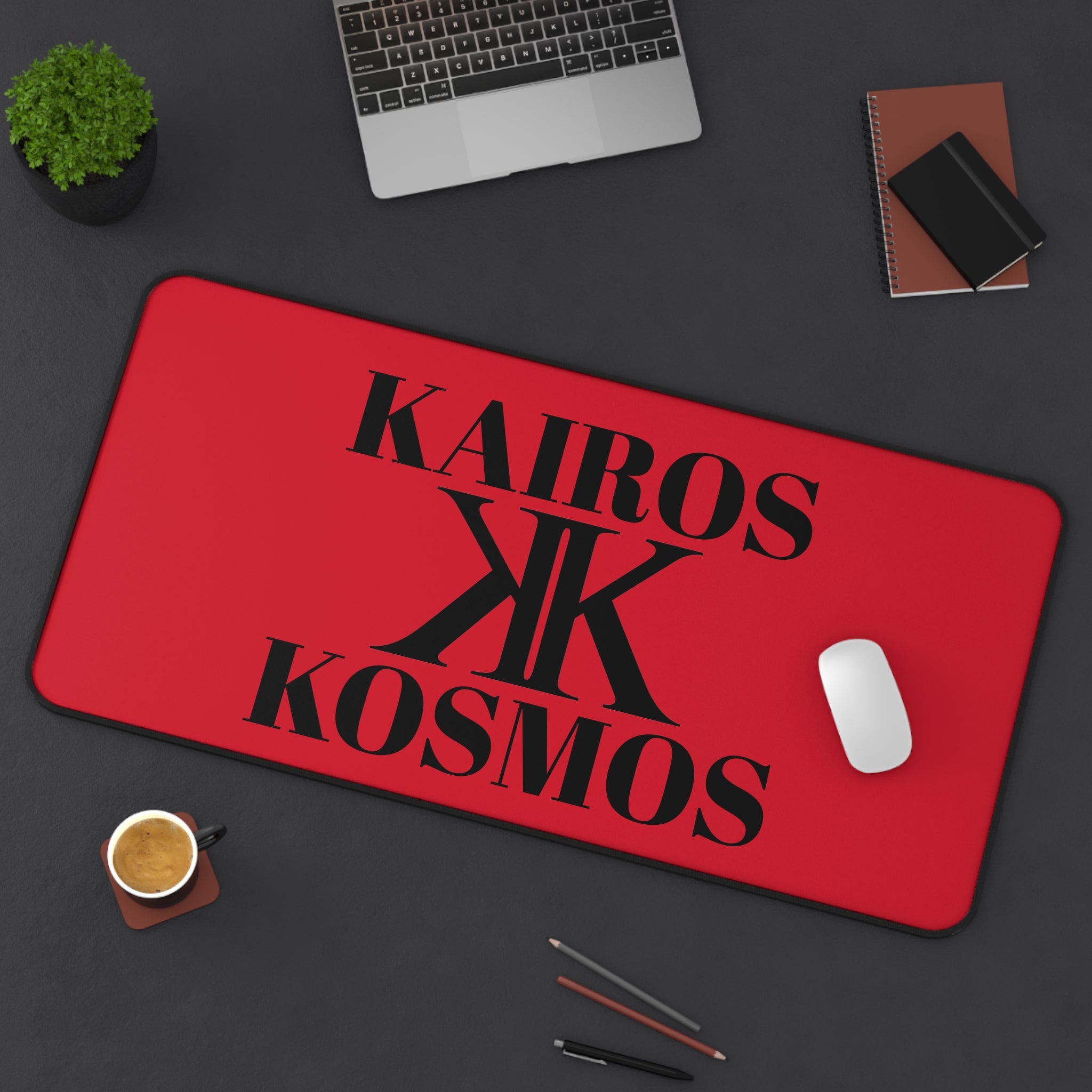 Desk Mat RED — Minimalist 'KAIROS KOSMOS' Black & White Logo Desk Mat