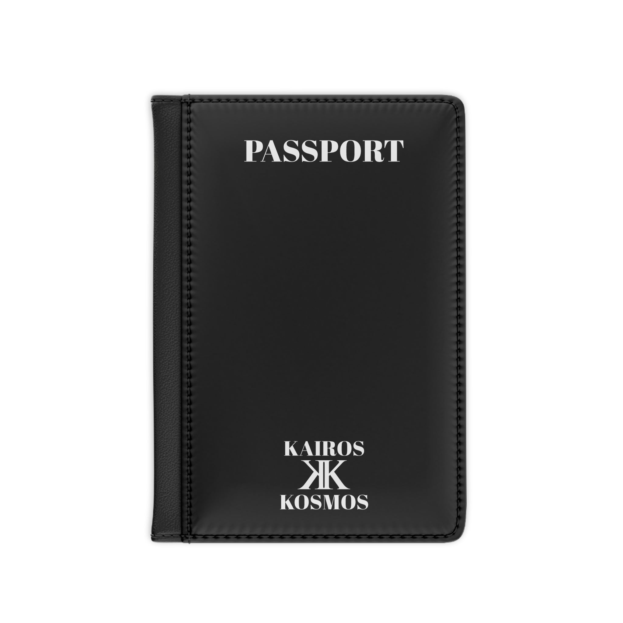 Passport Cover Black - Minimal 'PASSPORT' Text with Kairos Kosmos Logo