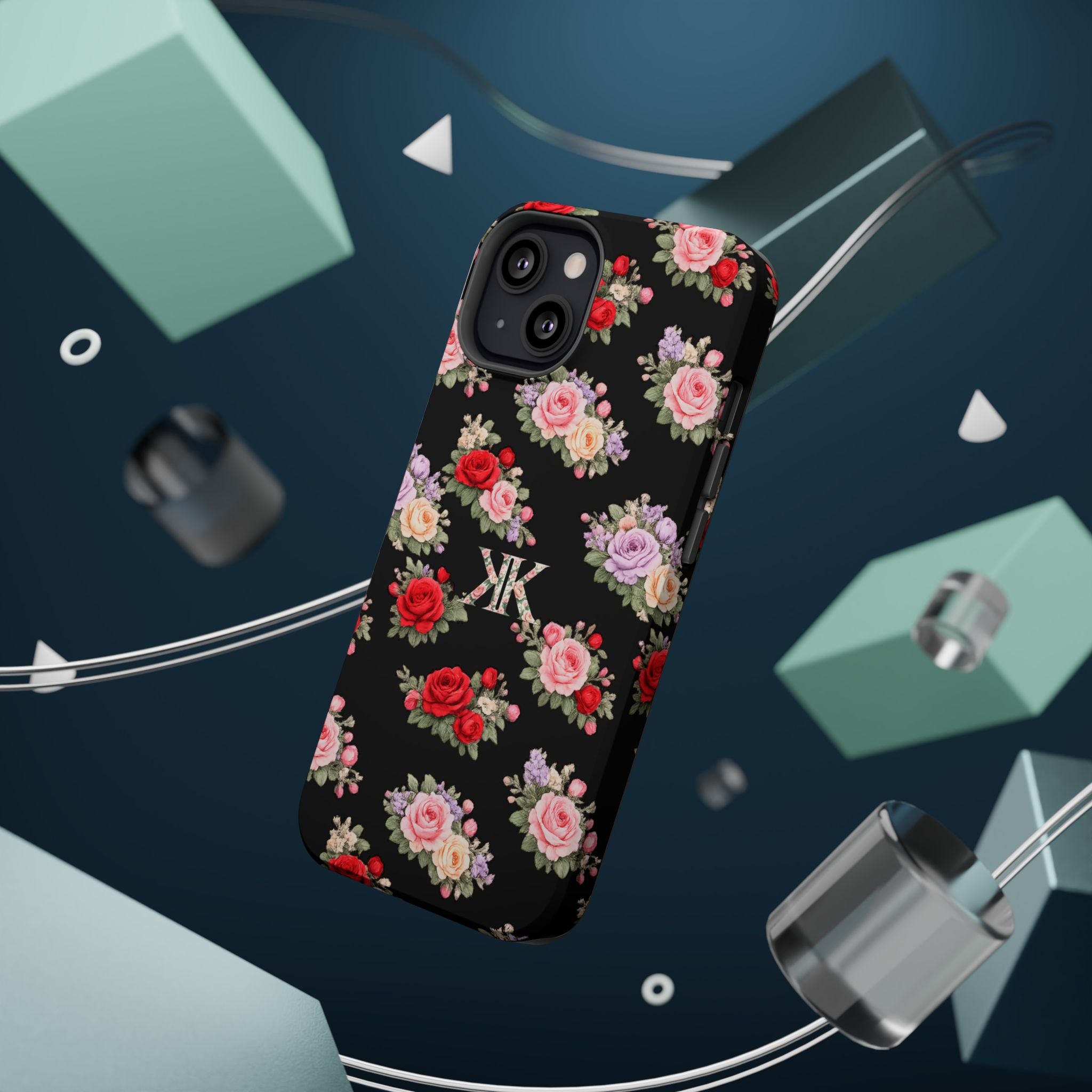 Anthos Collection BLACK Vintage Floral Rose Pattern Magnetic Impact-Resistant Phone Case