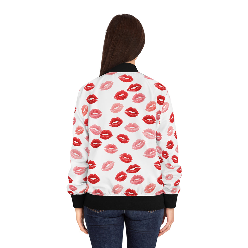 Psyche Collection White, Kiss Print Uni-Sex Bomber Jacket —  Lipstick Kisses Print