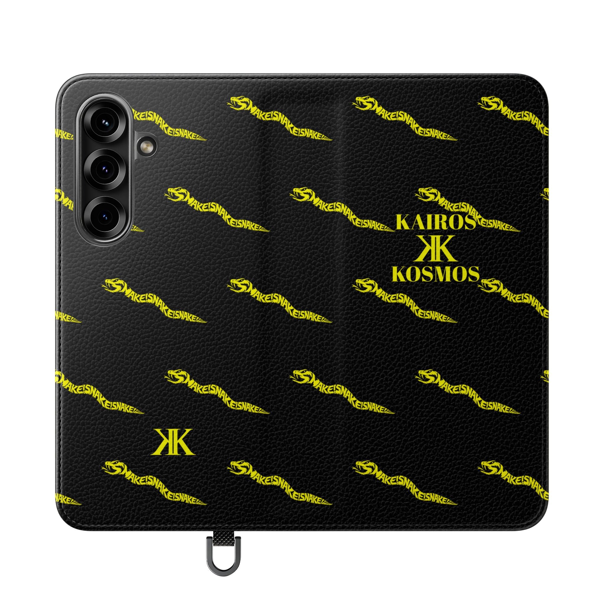 Aspis Collection Flip Case Phone Wallet — Black & Gold Kairos Kosmos Pattern