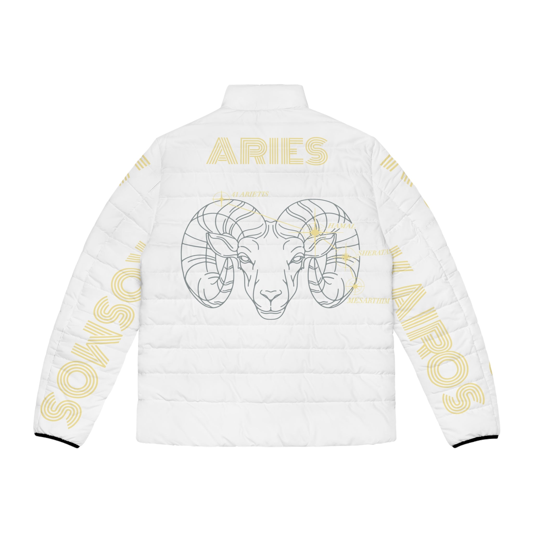 Aether Collection White Aries Puffer Jacket – Zodiac Ram Graphic Men's Jacket