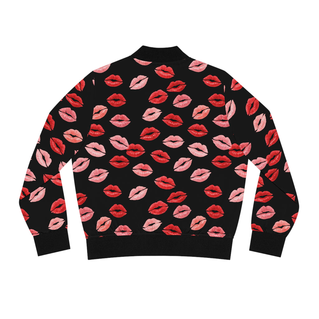 Psyche Collection BLACK, Kiss Print Uni-Sex Bomber Jacket —  Lipstick Kisses Print