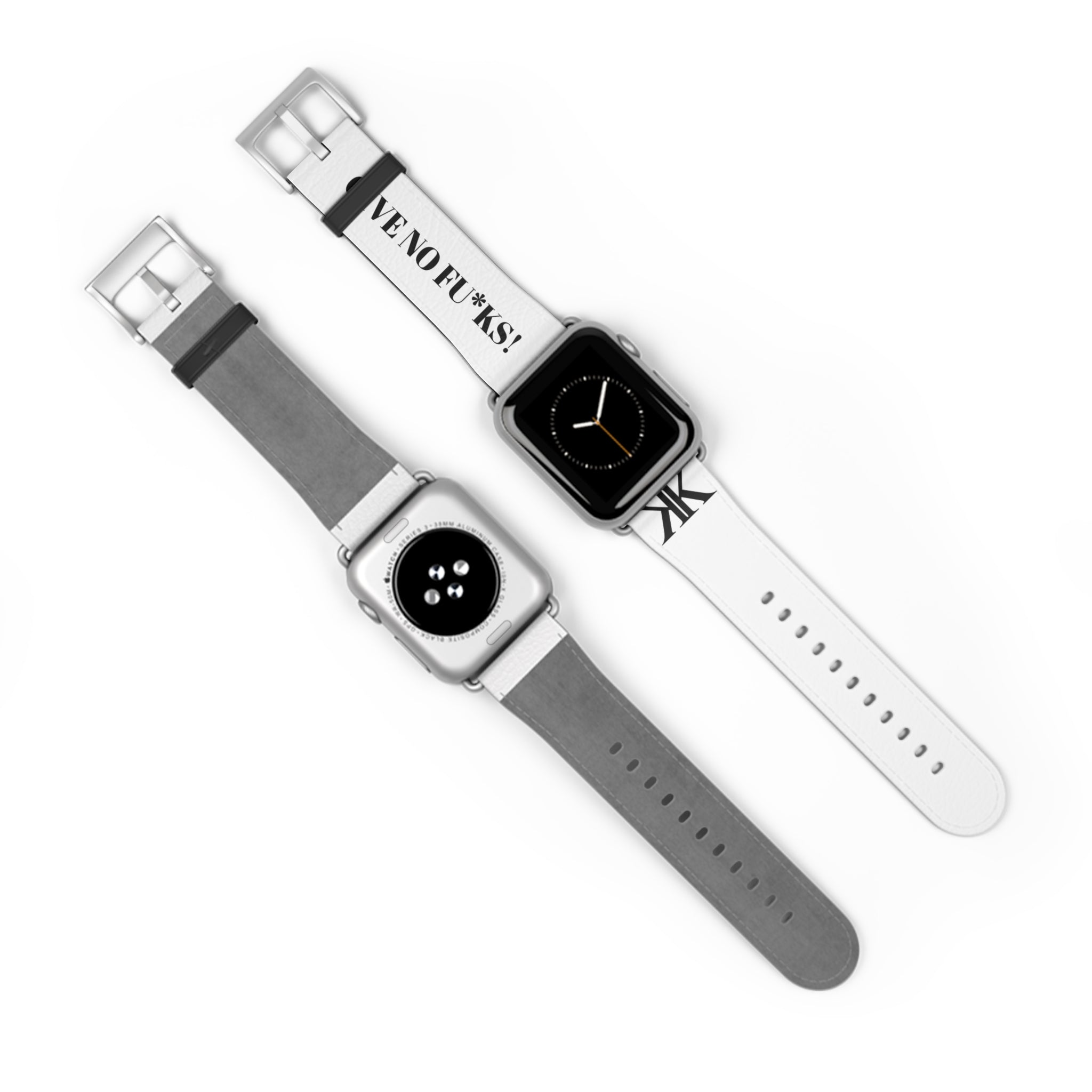 Watch Band — White Leather Strap with "GIVE NO FU*KS!" Text