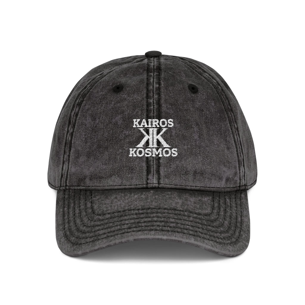 Vintage Embroidered Cap BLACK — Kairos Kosmos Logo Distressed Baseball Hat