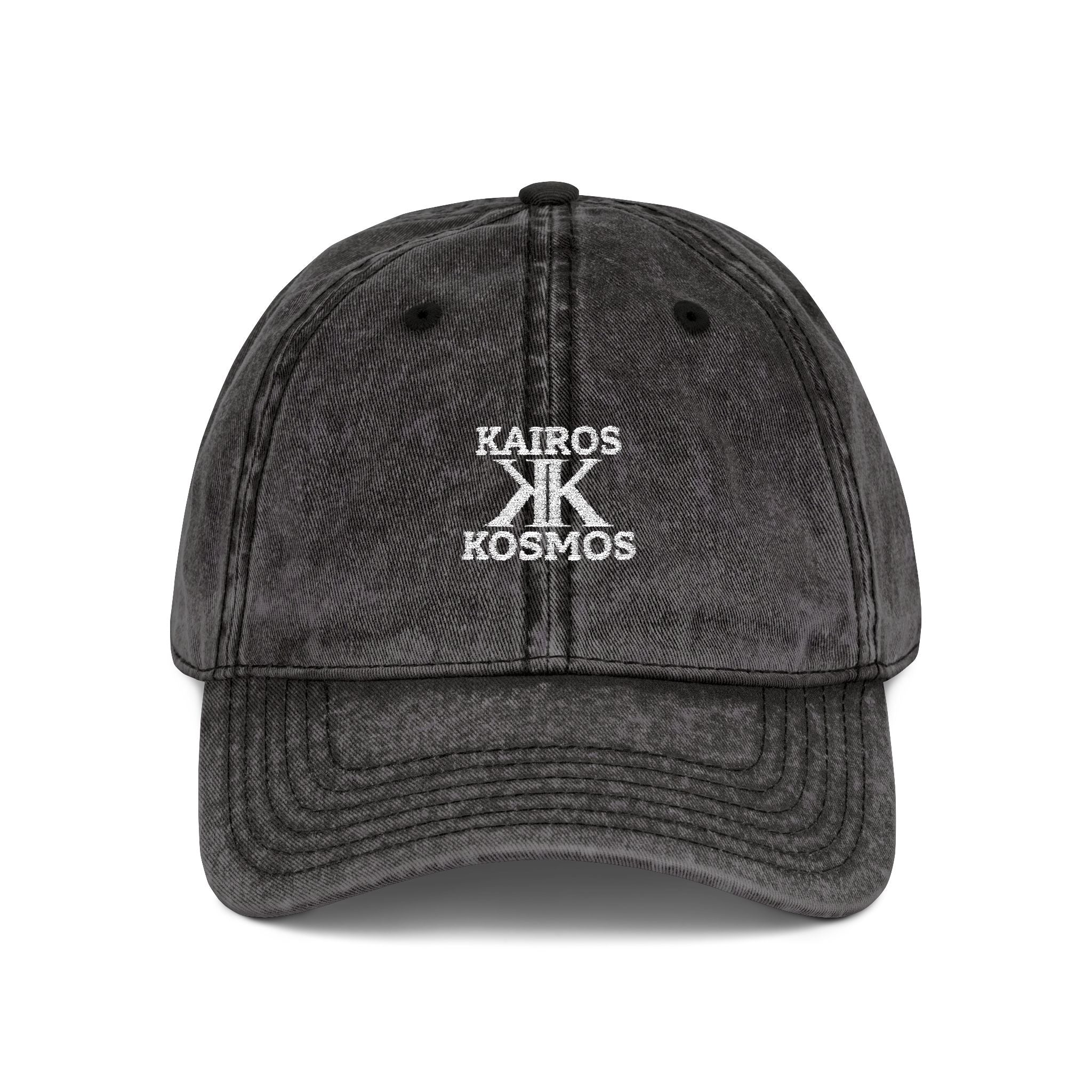 Vintage Embroidered Cap BLACK — Kairos Kosmos Logo Distressed Baseball Hat