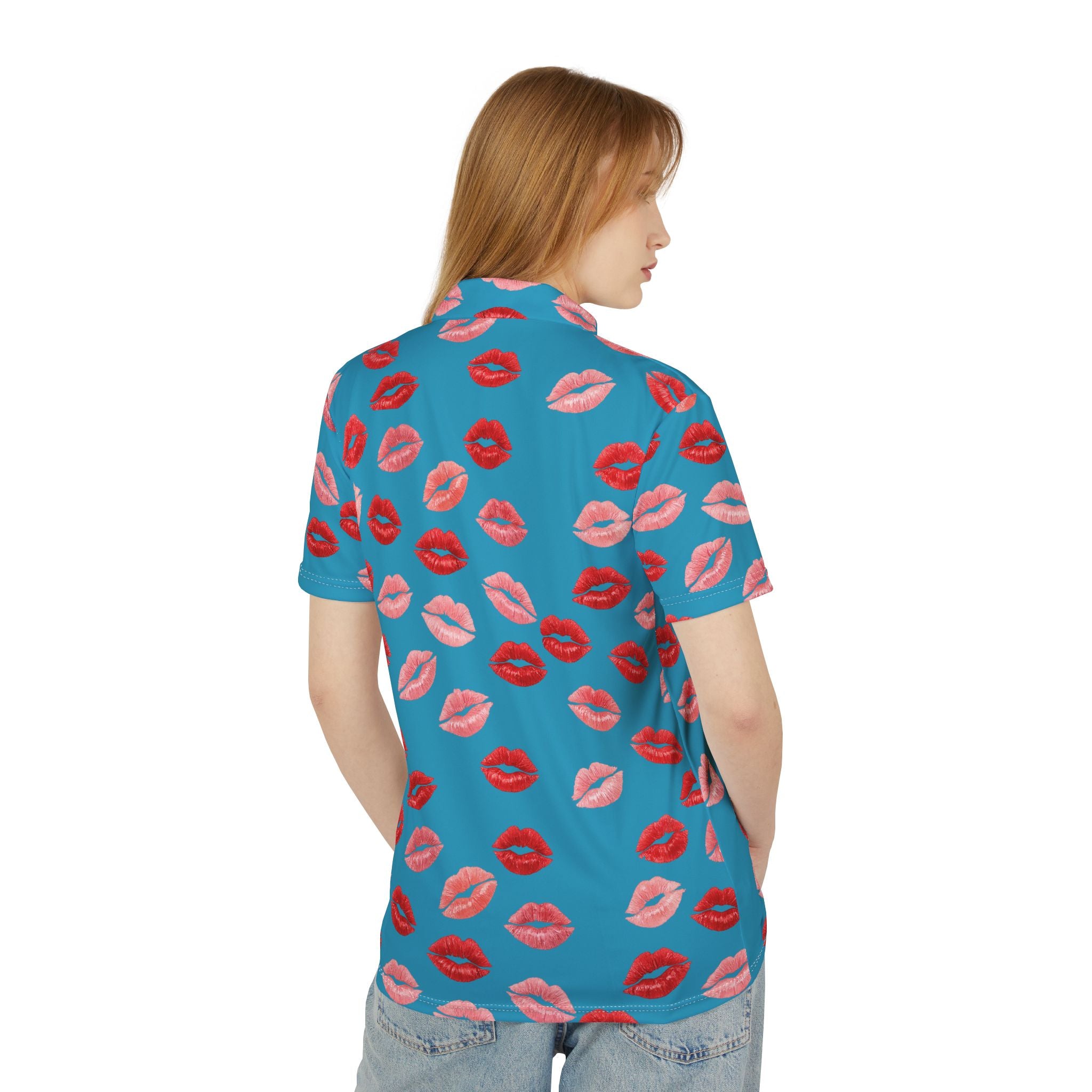 Psyche Collection Turquoise Kiss Print Polo Shirt — Allover Red Lip Pattern