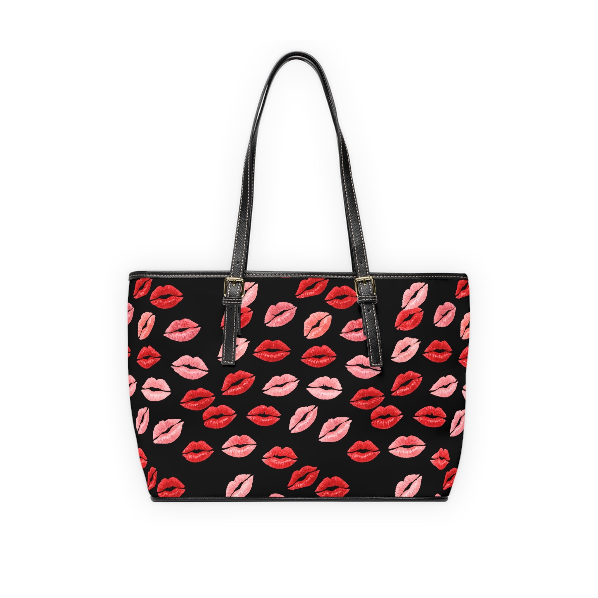 Psyche Collection BLACK Kiss Print PU Leather Shoulder Bag – Red Lipstick Pattern
