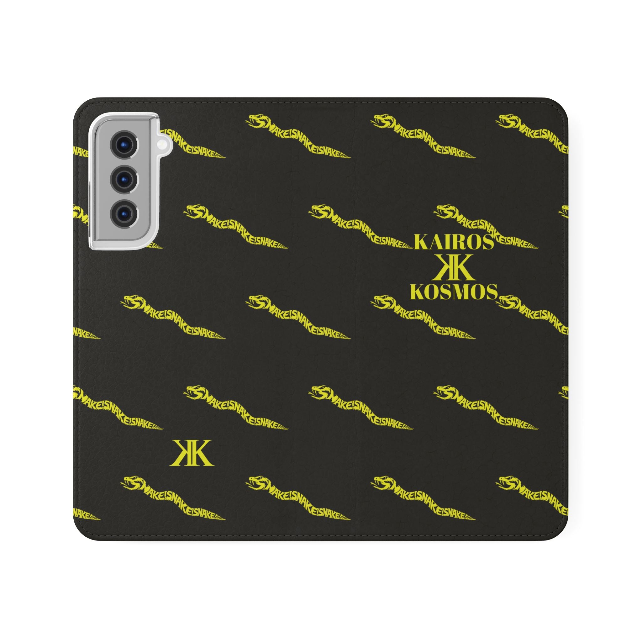 Aspis Collection Flip Case Phone Wallet — Black & Gold Kairos Kosmos Pattern