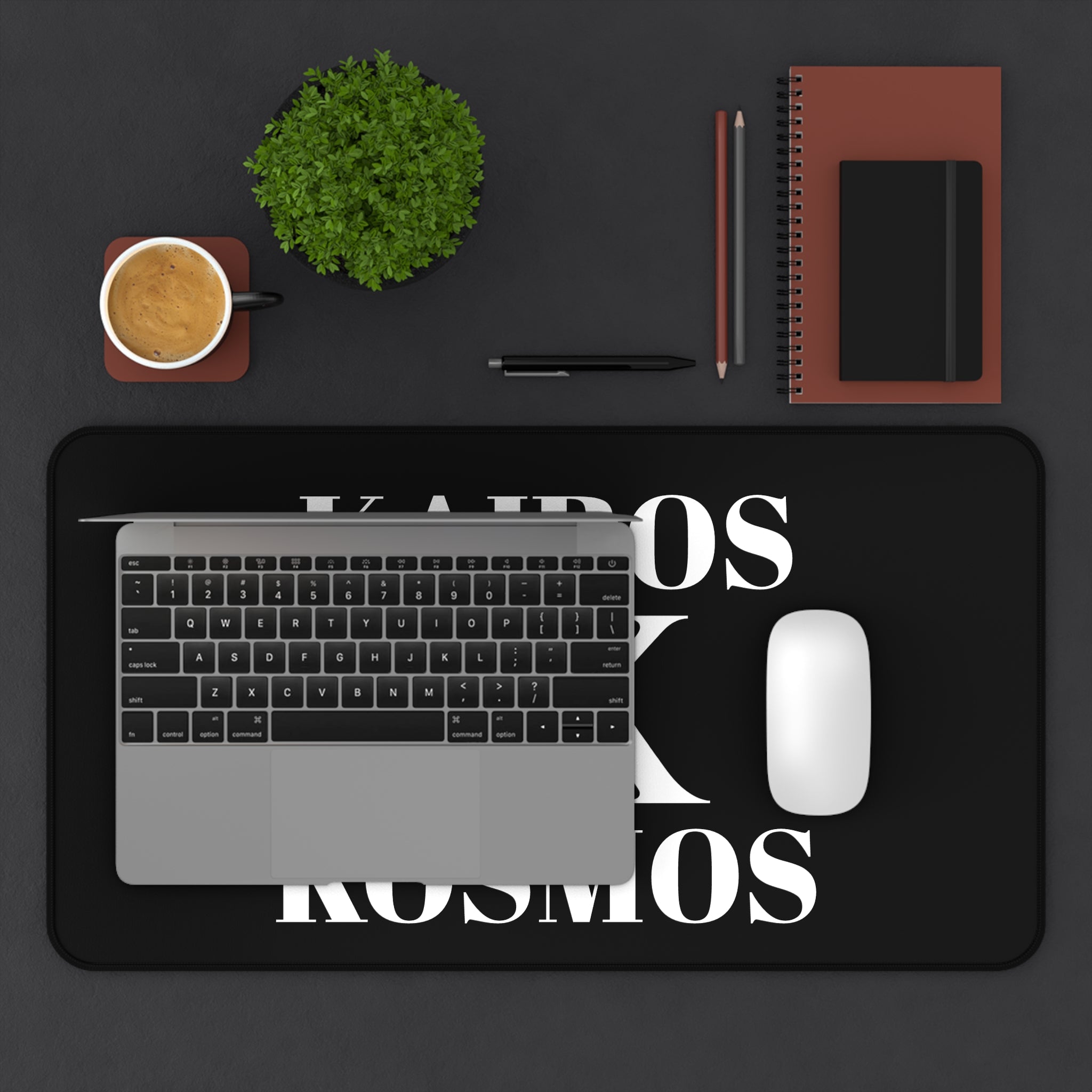 Desk Mat BLACK — Minimalist 'KAIROS KOSMOS' Black & White Logo Desk Mat