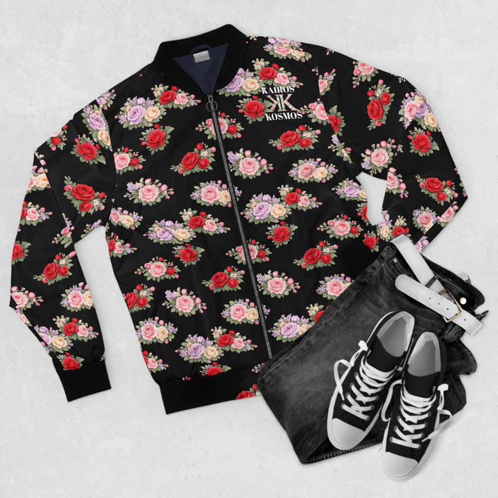 Anthos Collection Floral Rose BLACK Bomber Jacket — Vintage Pink & Red All-Over Print