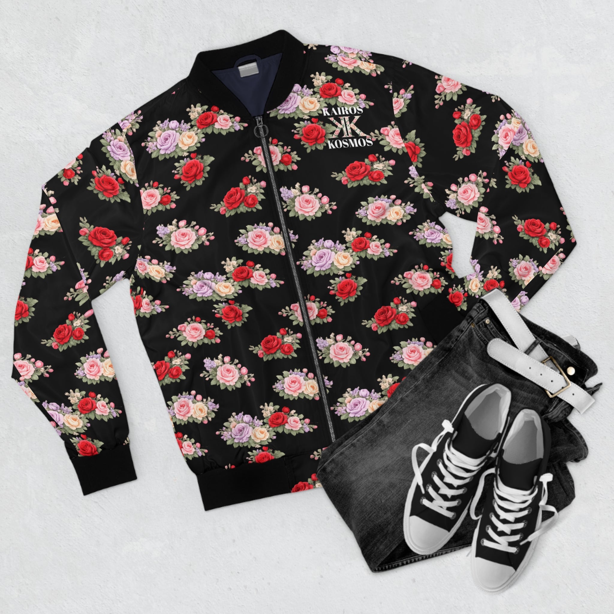 Anthos Collection Floral Rose BLACK Bomber Jacket — Vintage Pink & Red All-Over Print