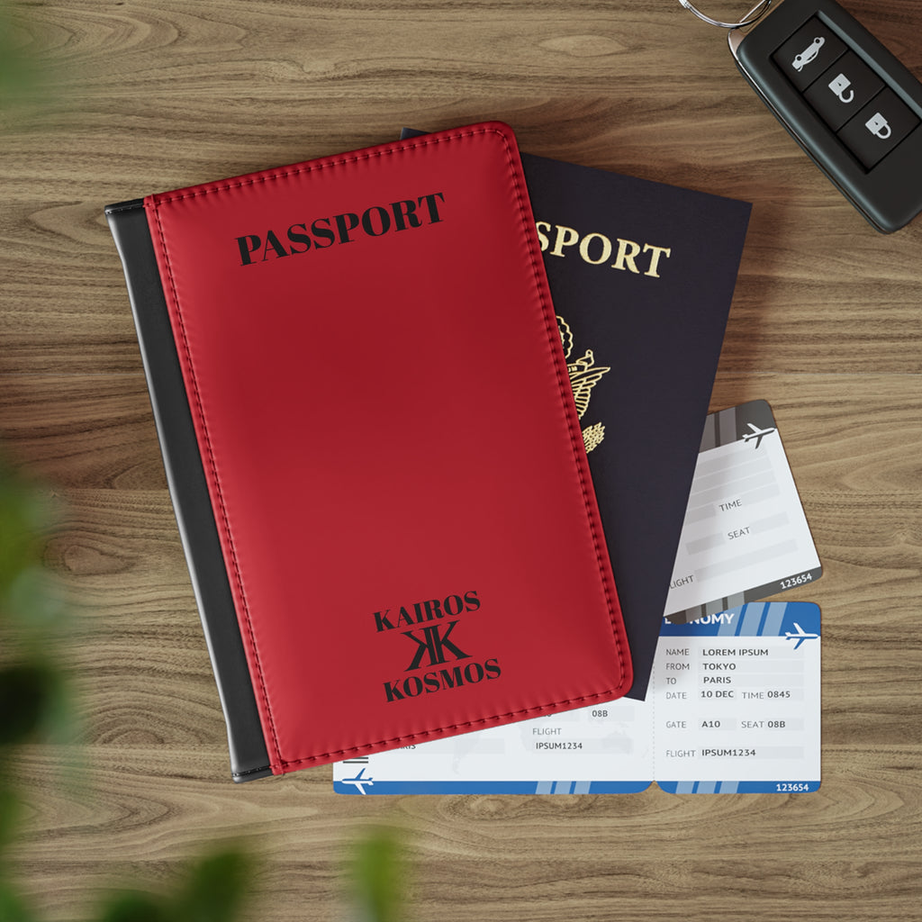 Passport Cover RED- Minimal 'PASSPORT' Text with Kairos Kosmos Logo