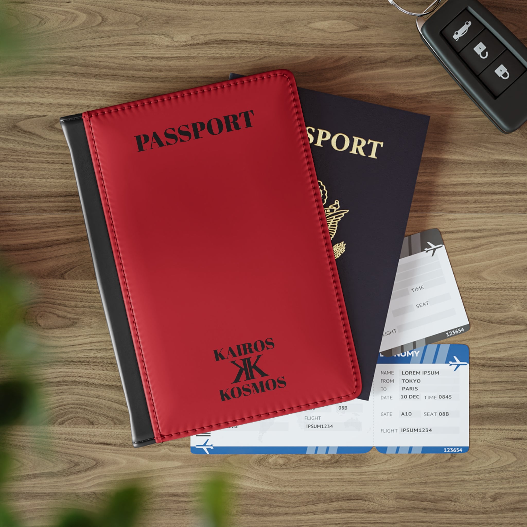 Passport Cover RED- Minimal 'PASSPORT' Text with Kairos Kosmos Logo