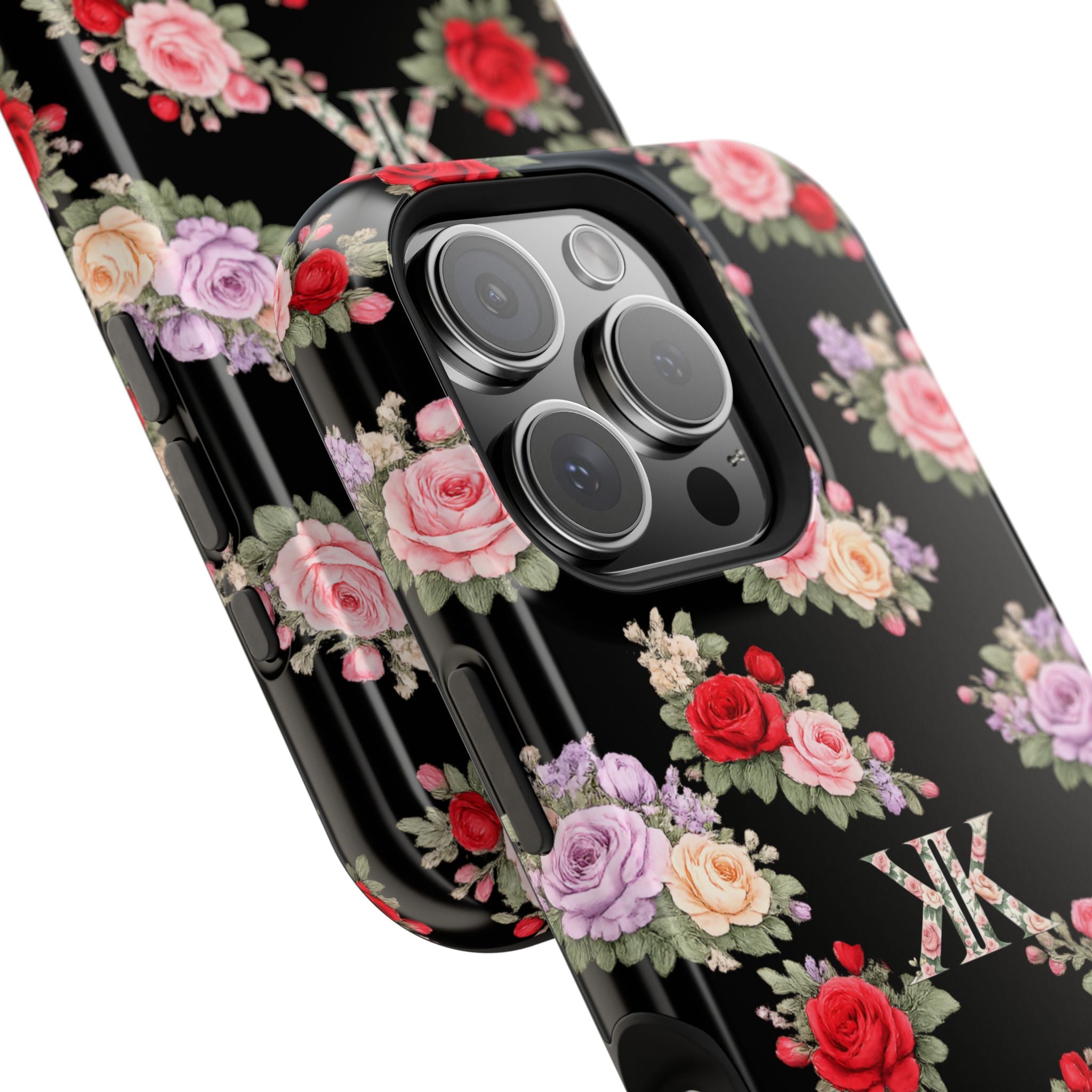 Anthos Collection BLACK Vintage Floral Rose Pattern Magnetic Impact-Resistant Phone Case