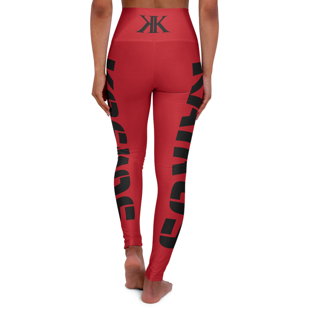 High-Waisted RED Yoga Leggings with Bold Black Side Text — Comfortable Activewear for Yoga & Fitness