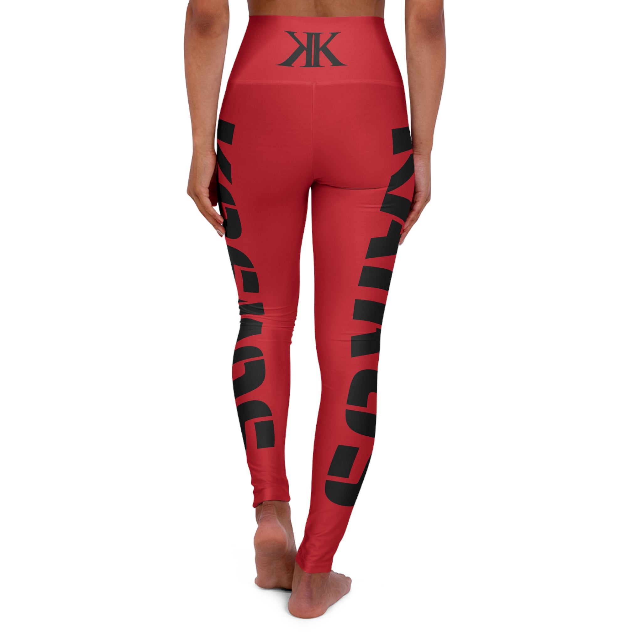High-Waisted RED Yoga Leggings with Bold Black Side Text — Comfortable Activewear for Yoga & Fitness