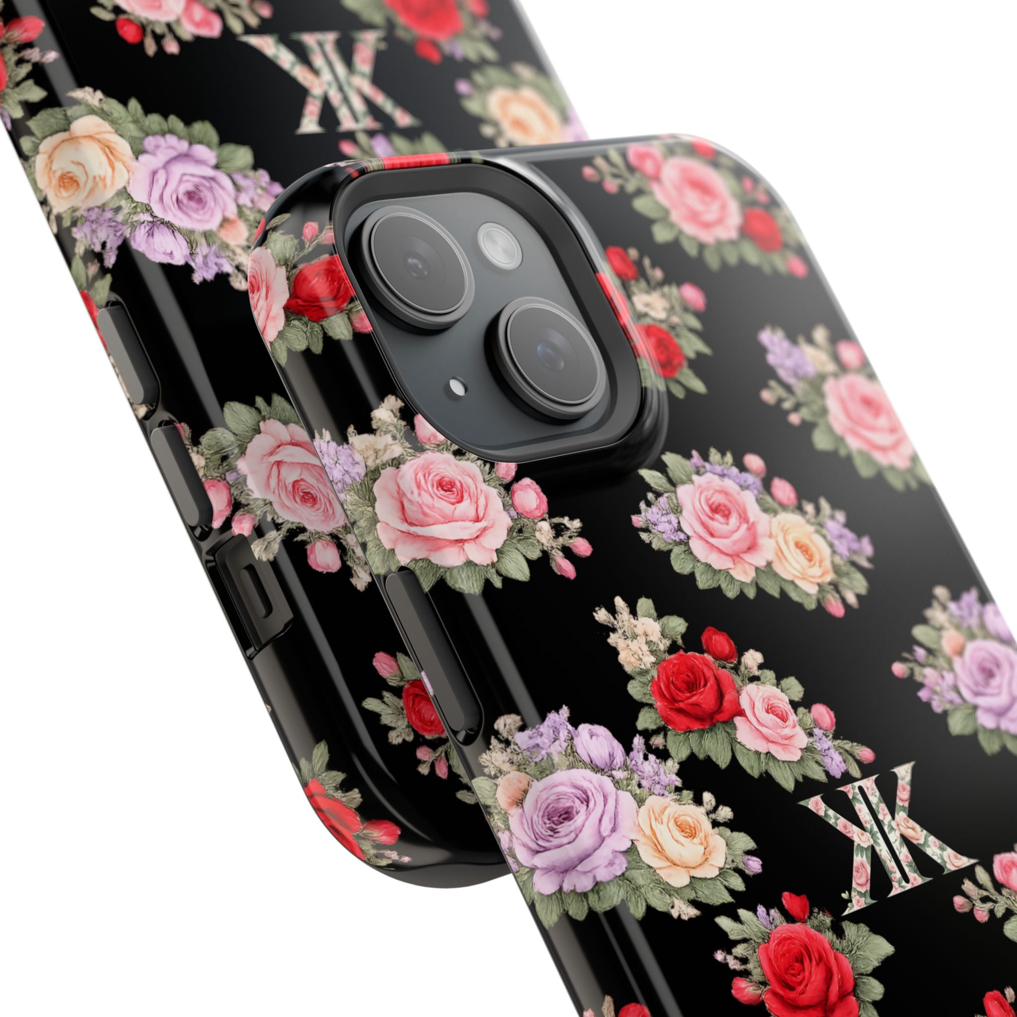 Anthos Collection BLACK Vintage Floral Rose Pattern Magnetic Impact-Resistant Phone Case