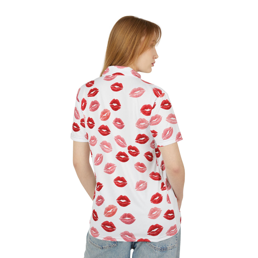 Psyche Collection White Kiss Print Polo Shirt — Allover Red Lip Pattern