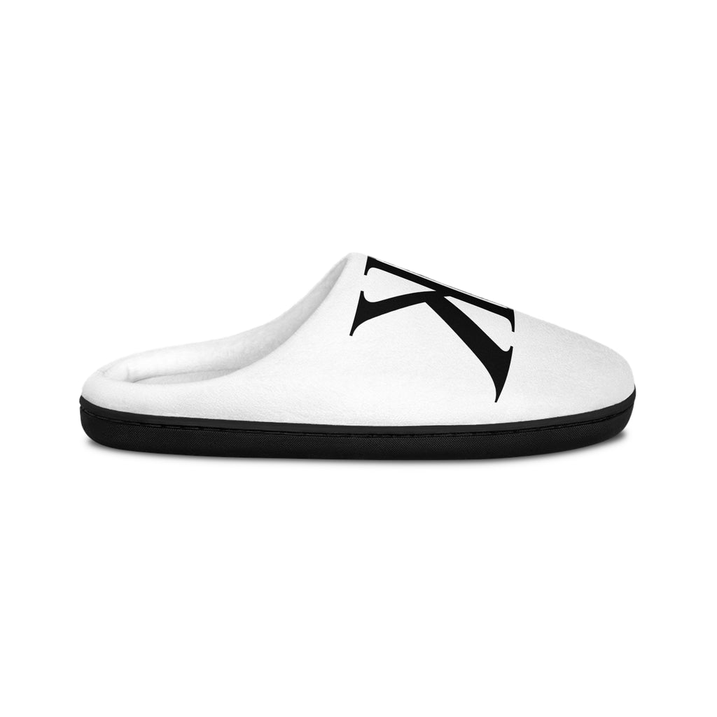 Men's White Indoor Slippers with Bold Black Monogram 'K' — Cozy House Shoes