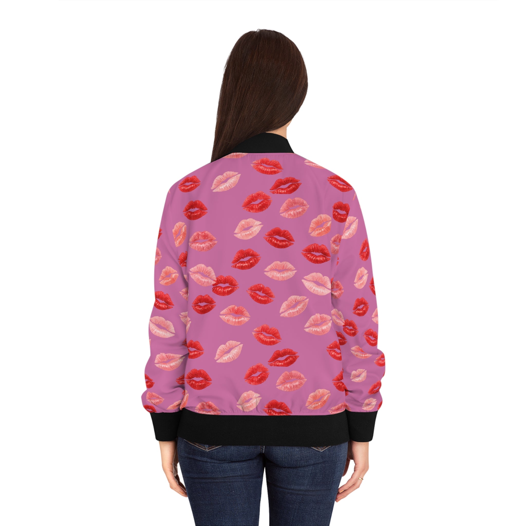 Psyche Collection Light Pink, Kiss Print Uni-Sex Bomber Jacket —  Lipstick Kisses Print