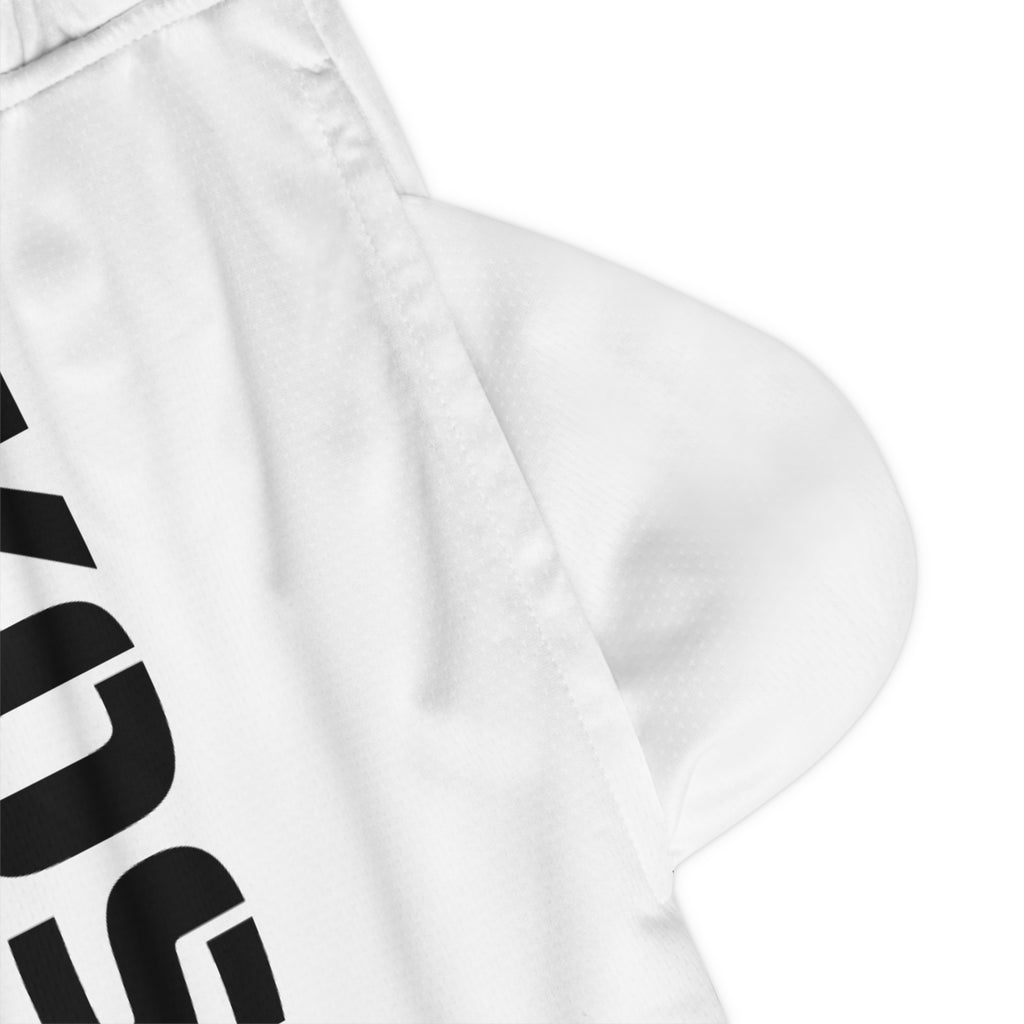 Kairos Kosmos Basketball Shorts — Bold White AOP Athletic Shorts with 'KOSMOS' Side Print