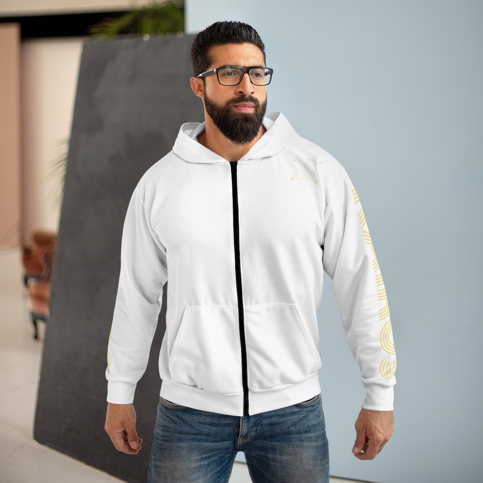 Aether Collection White Aries Zodiac Zip Hoodie — Ram Constellation Graphic