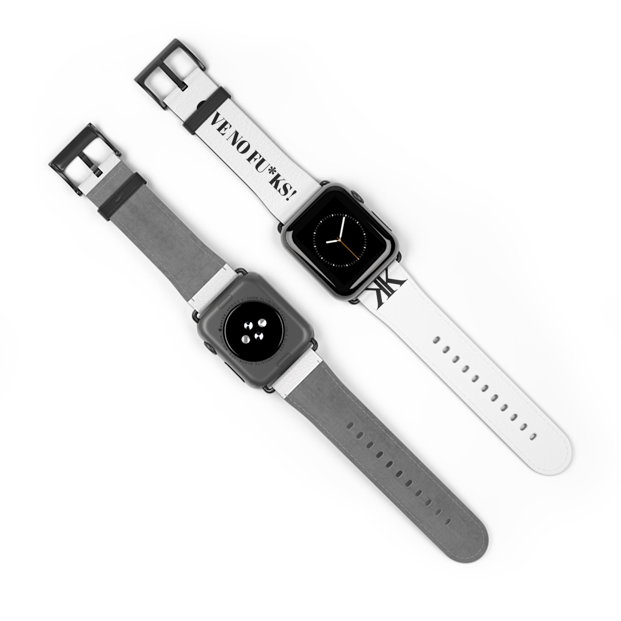 Watch Band — White Leather Strap with "GIVE NO FU*KS!" Text