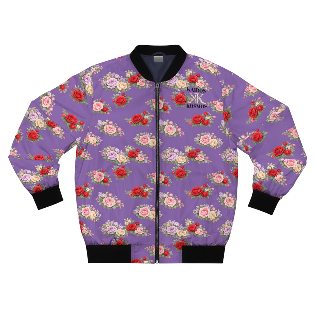 Anthos Collection Floral Rose Light Purple Bomber Jacket — Vintage Pink & Red All-Over Print