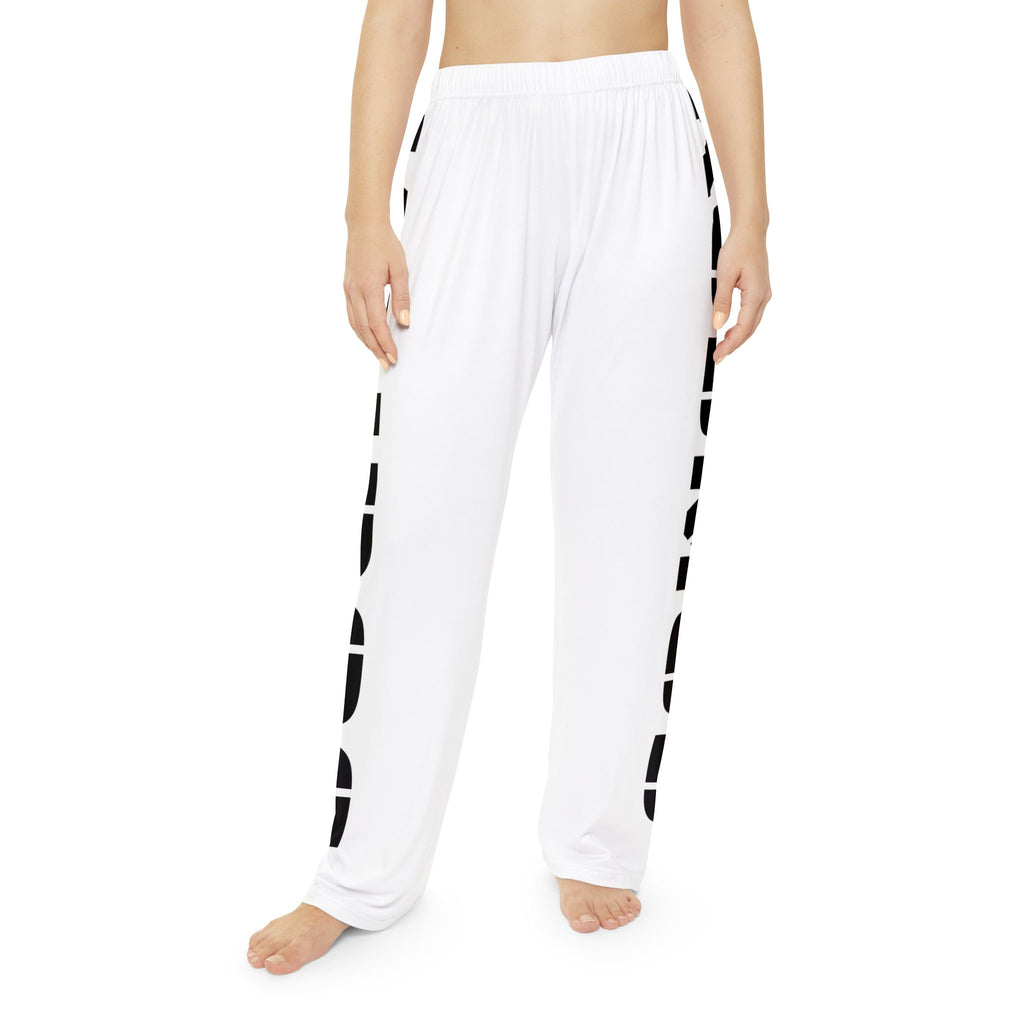 Side-Print Pajama Pants — Black Lettering on White Lounge Trousers
