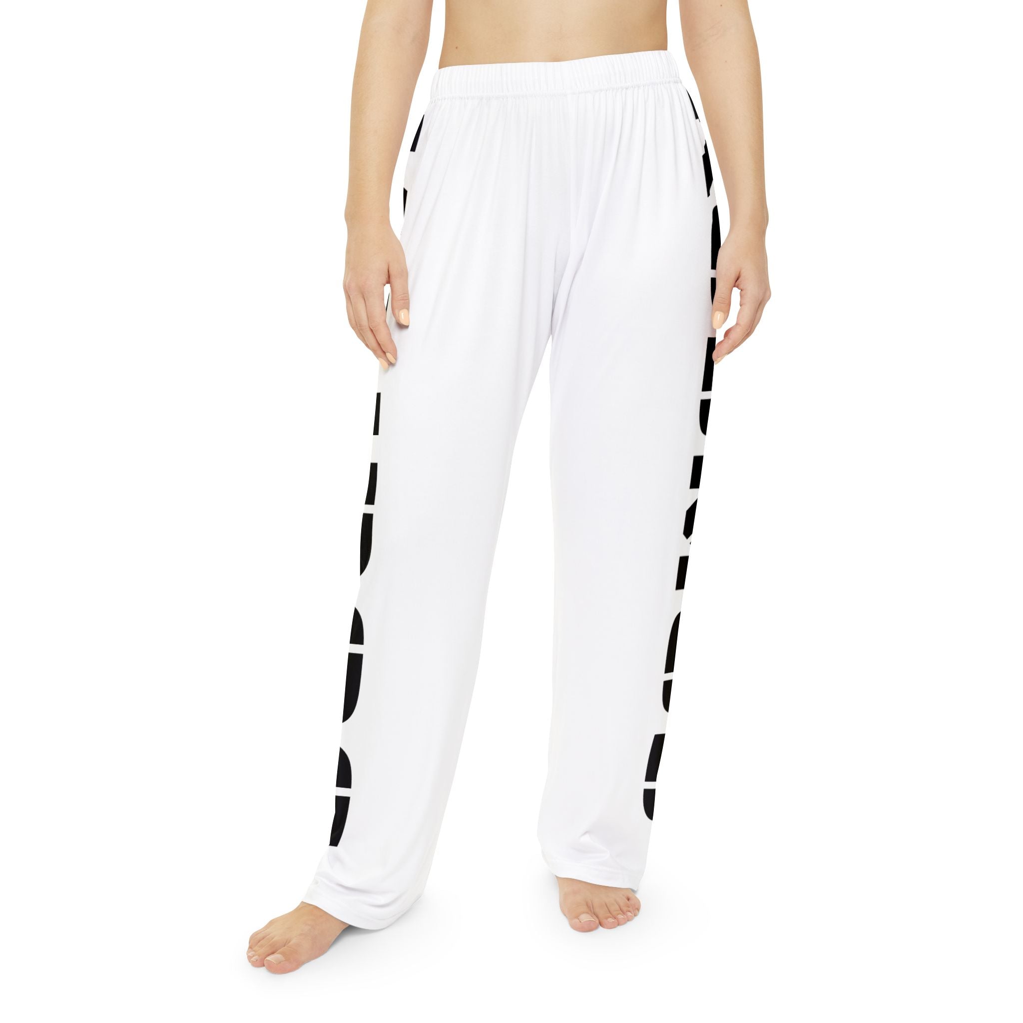 Side-Print Pajama Pants — Black Lettering on White Lounge Trousers