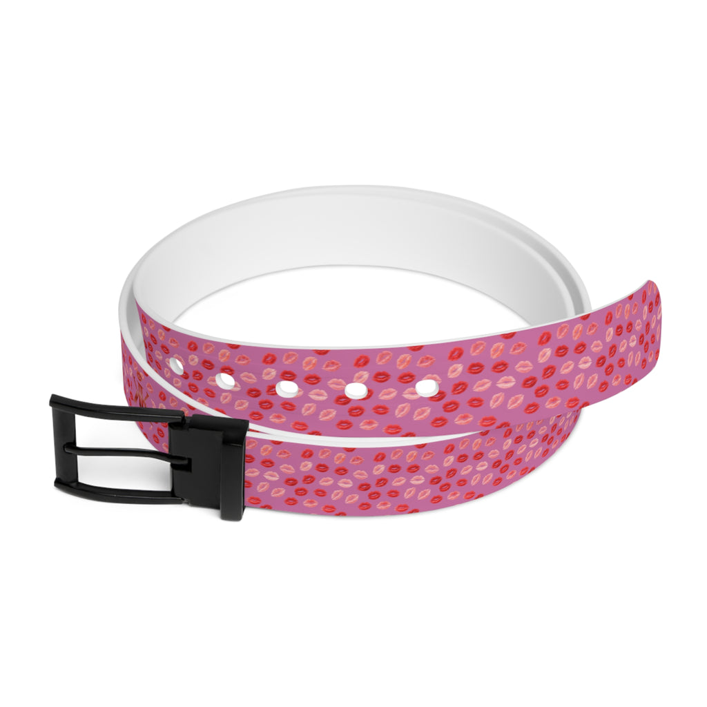 Psyche Collection Women's Light Pink, Pink And Red Lip Print Belt – Cute Kiss Pattern Fashion Belt