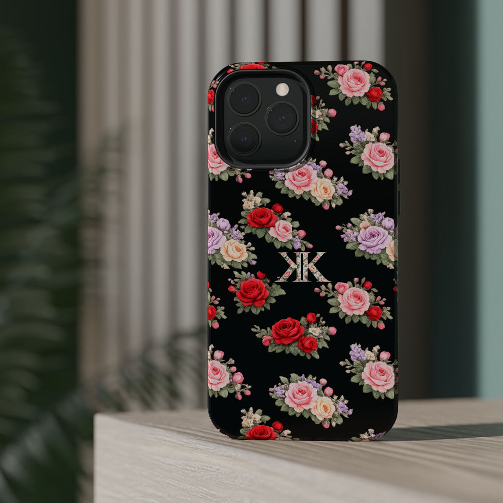 Anthos Collection BLACK Vintage Floral Rose Pattern Magnetic Impact-Resistant Phone Case
