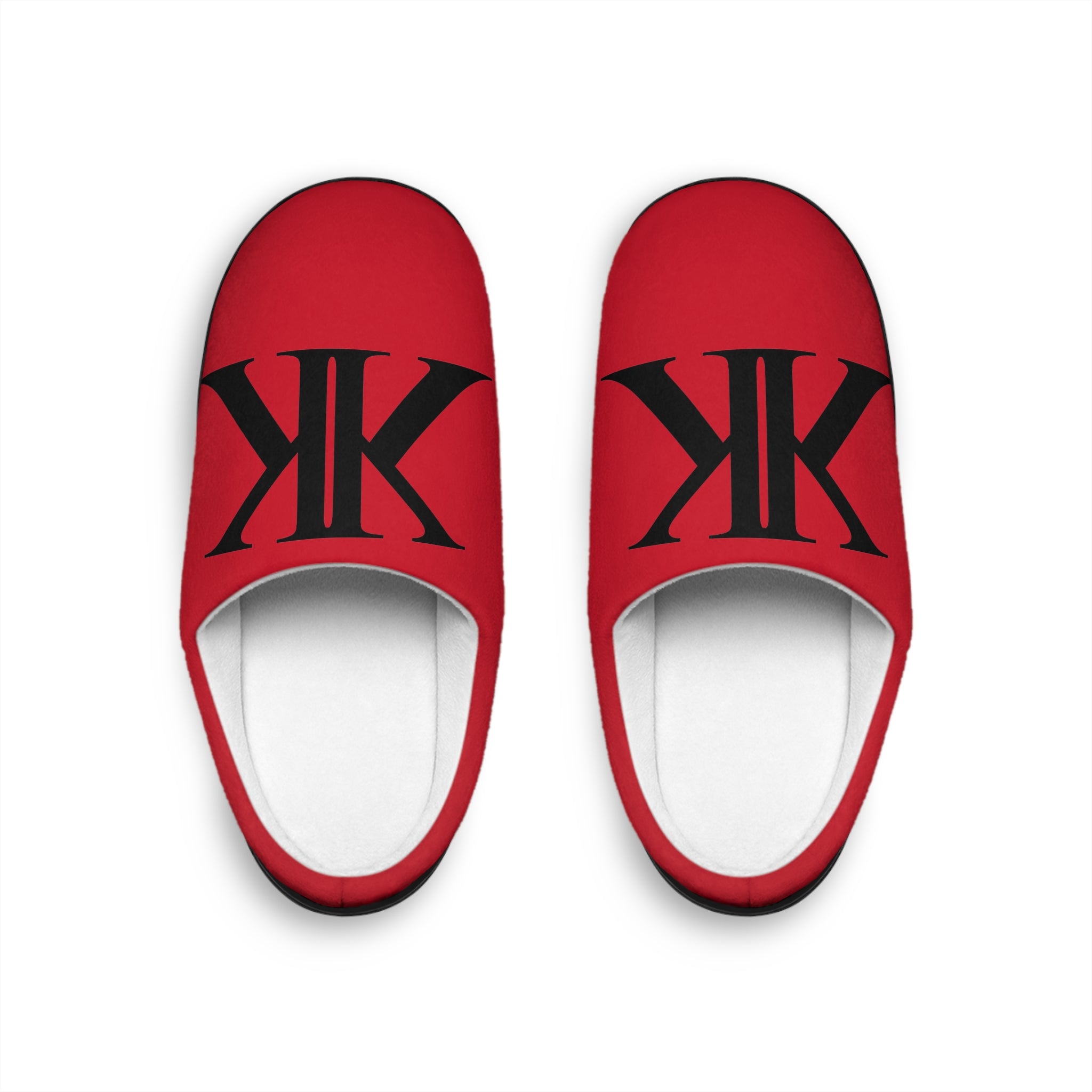 Men's RED Indoor Slippers with Bold Black 'KK' Monogram — Cozy House Shoes