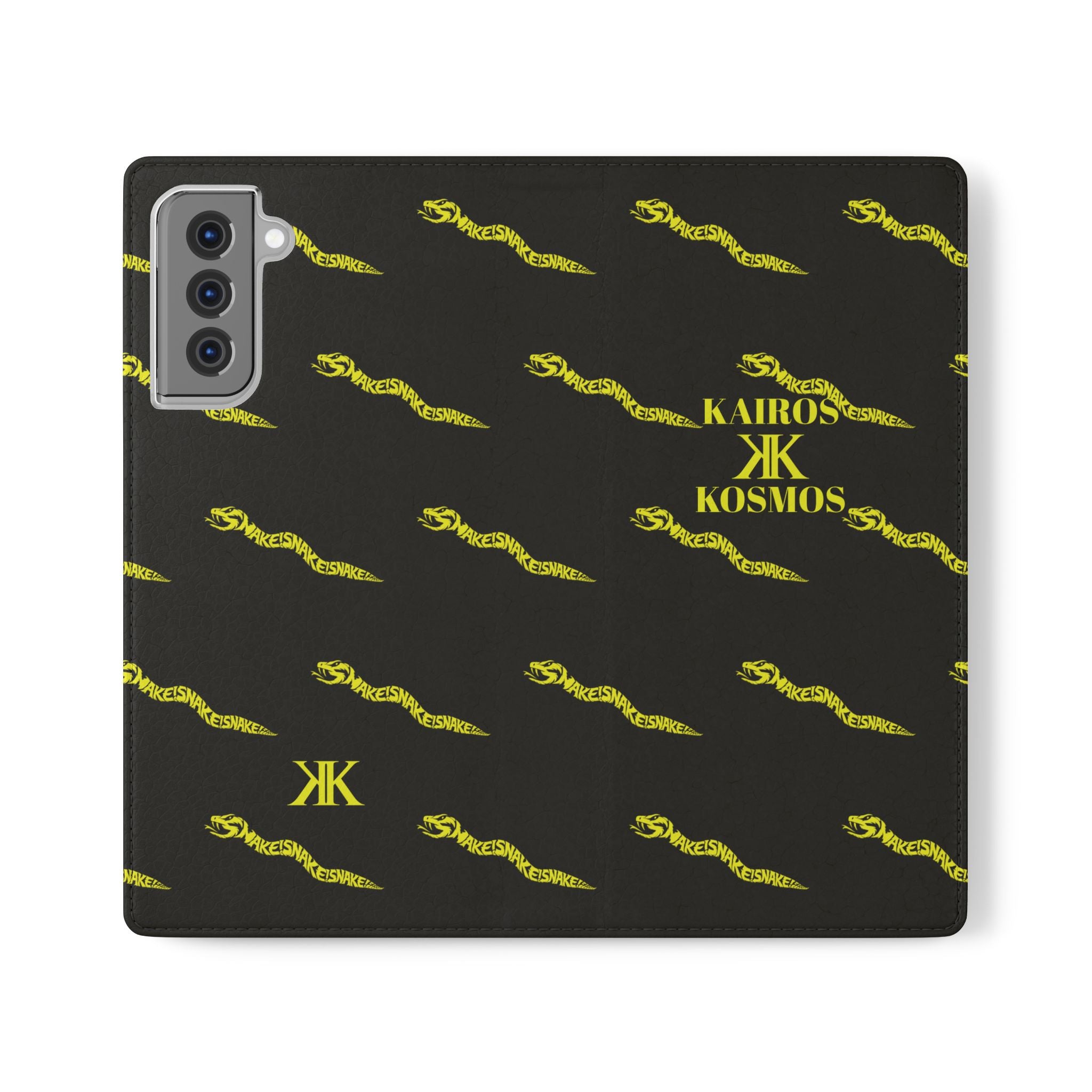 Aspis Collection Flip Case Phone Wallet — Black & Gold Kairos Kosmos Pattern