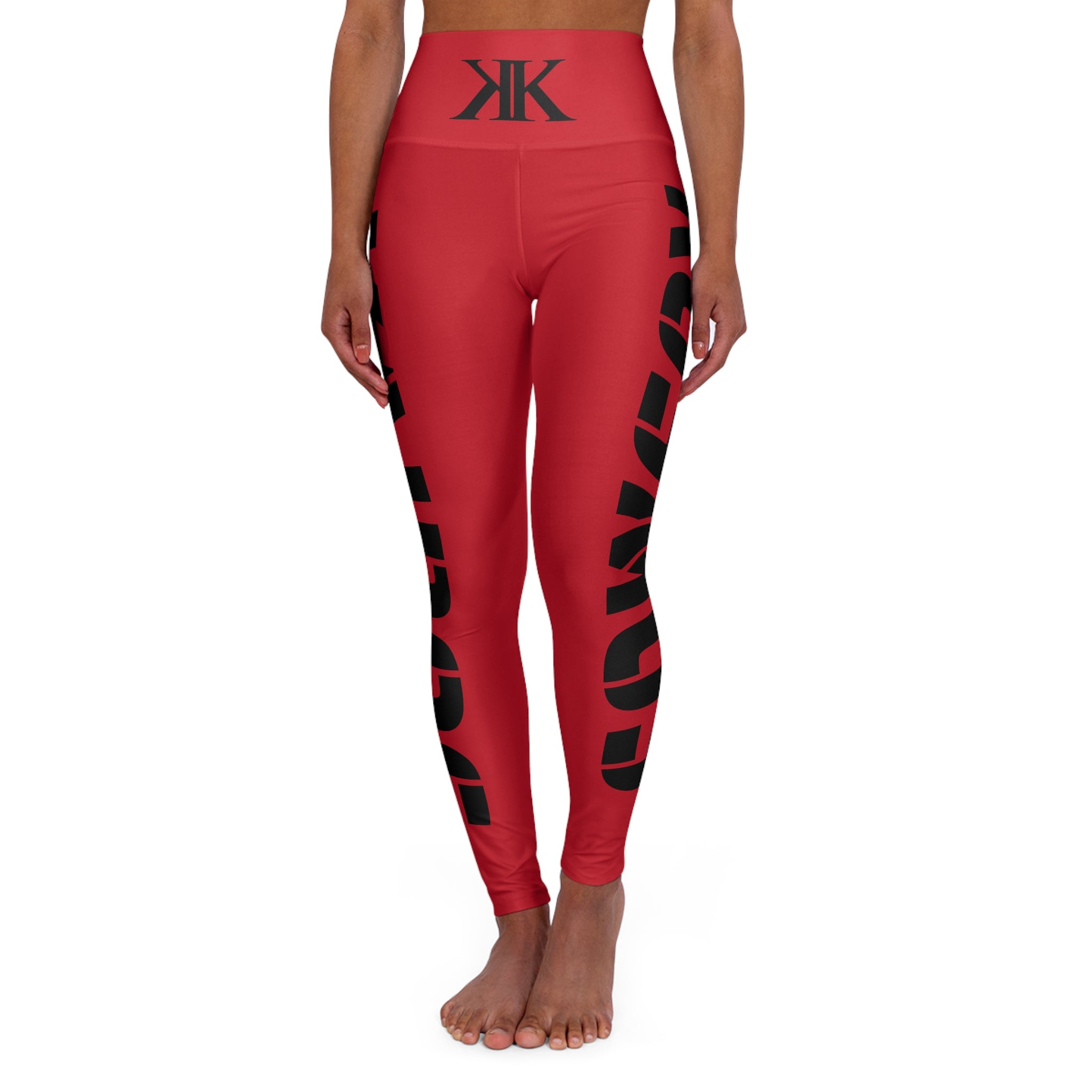 High-Waisted RED Yoga Leggings with Bold Black Side Text — Comfortable Activewear for Yoga & Fitness