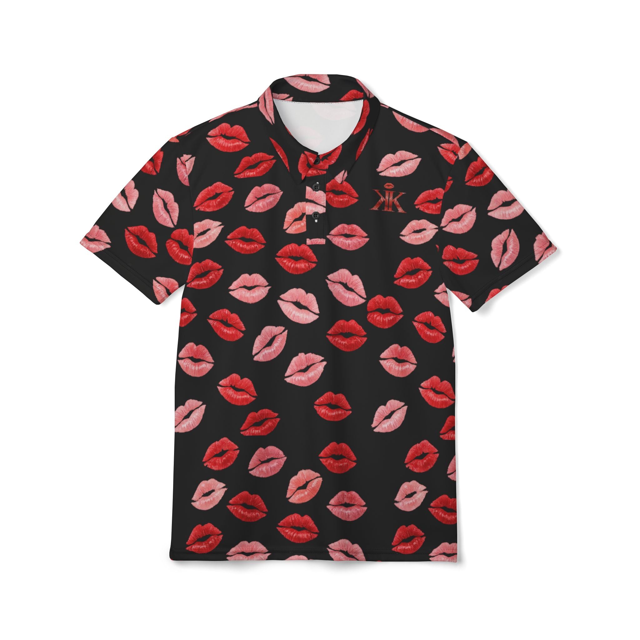 Psyche Collection BLACK Kiss Print Polo Shirt — Allover Red Lip Pattern
