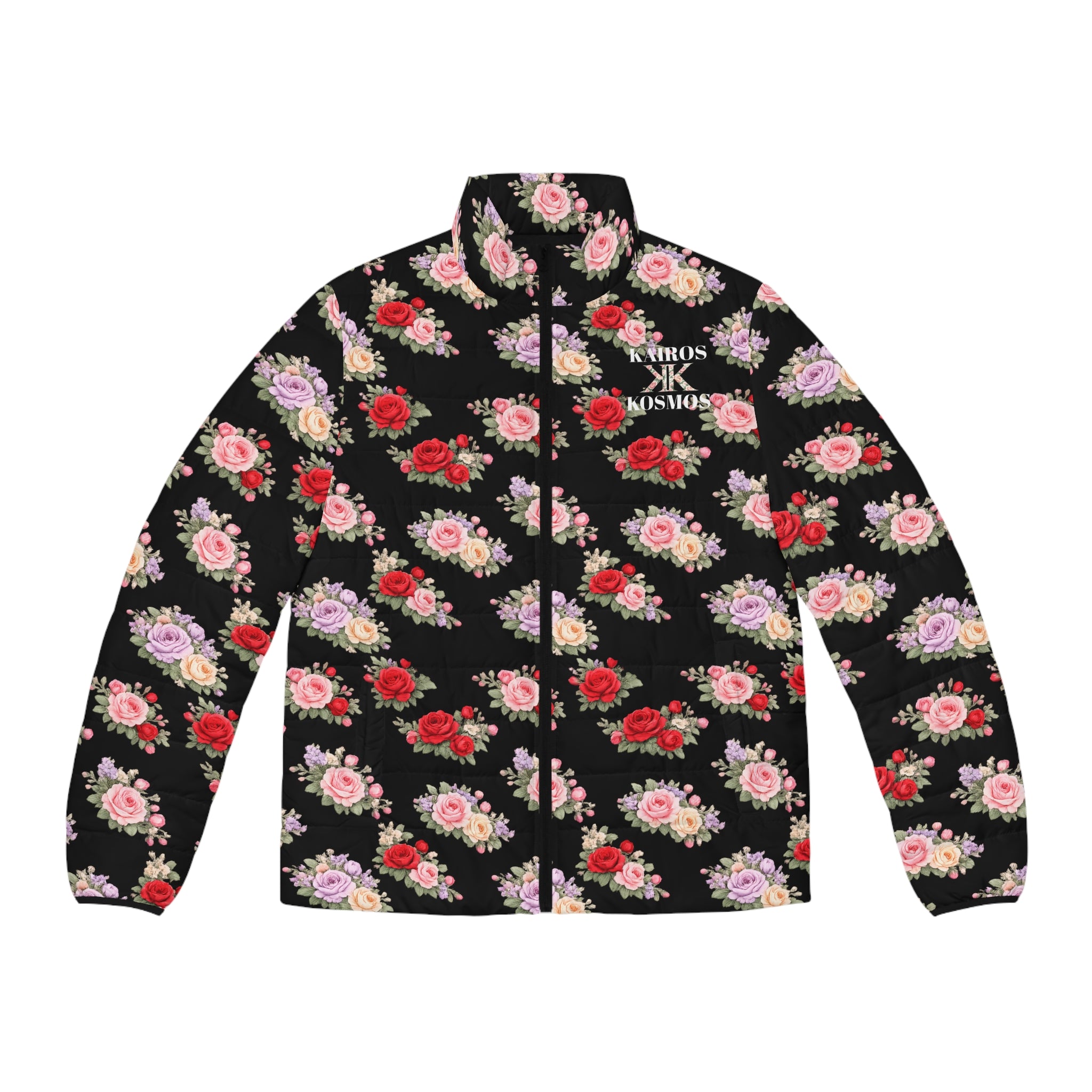 Anthos Collection BLACK Floral Puffer Jacket - Vintage Rose All-Over Print