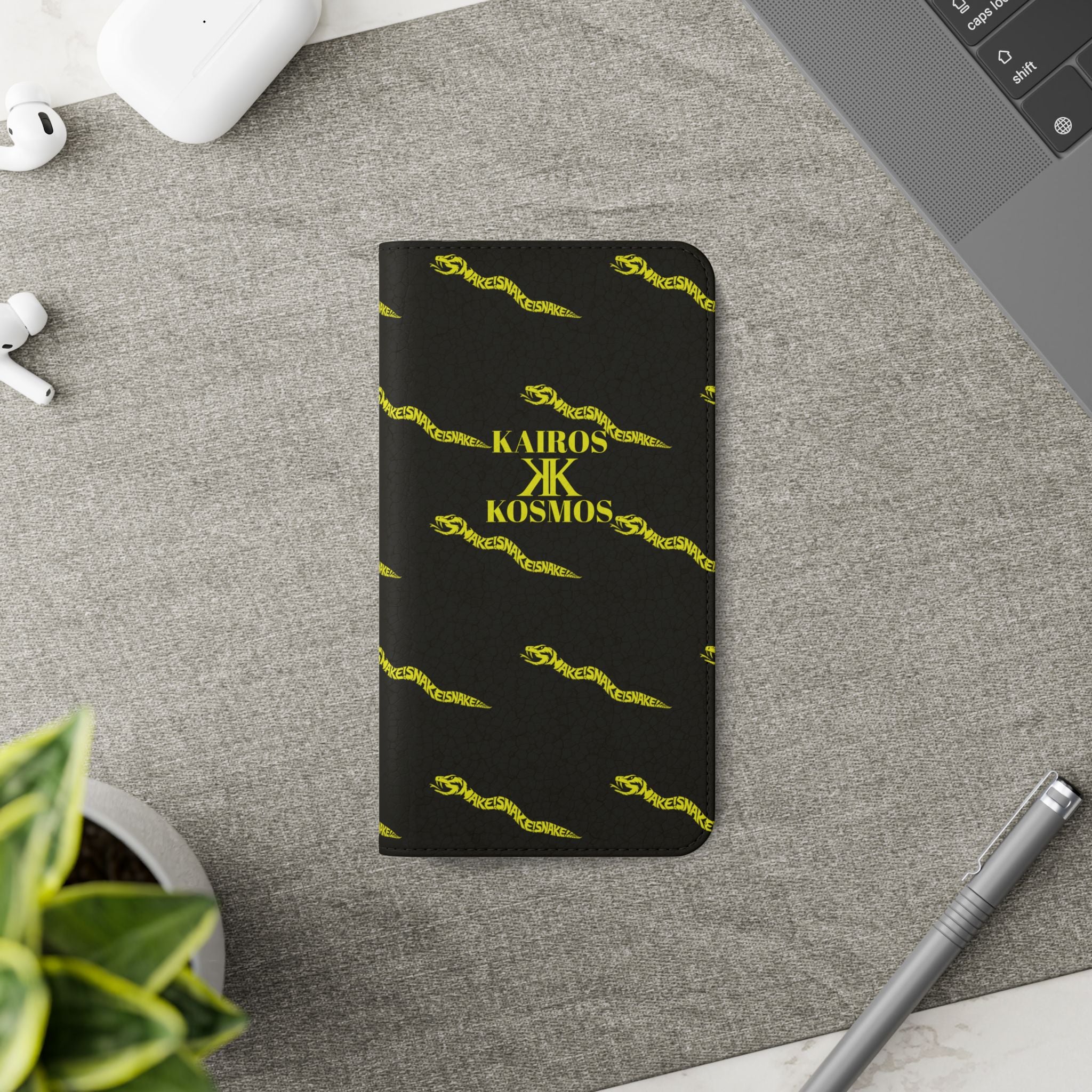 Aspis Collection Flip Case Phone Wallet — Black & Gold Kairos Kosmos Pattern