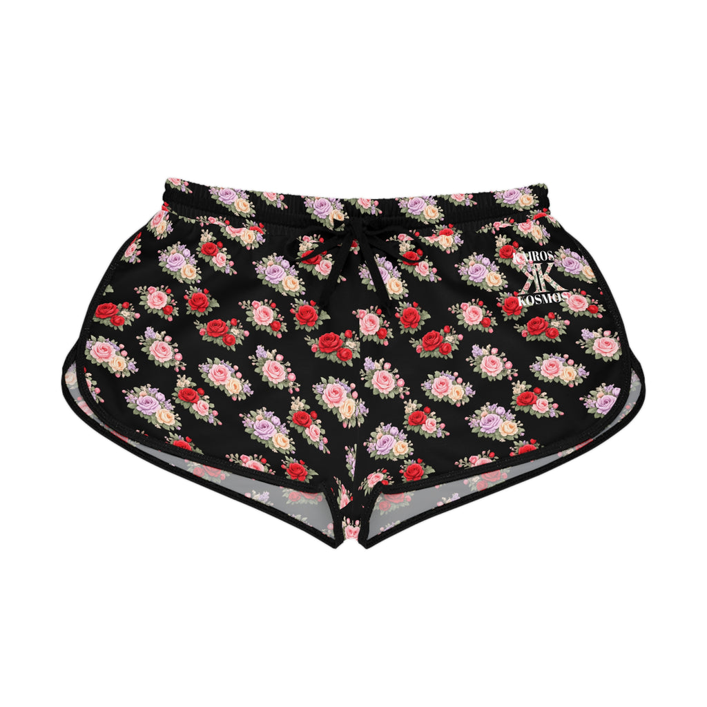 Anthos Collection BLACK Floral Stretch Women's Relaxed Shorts — Vintage Pink & Red Rose All-Over Print