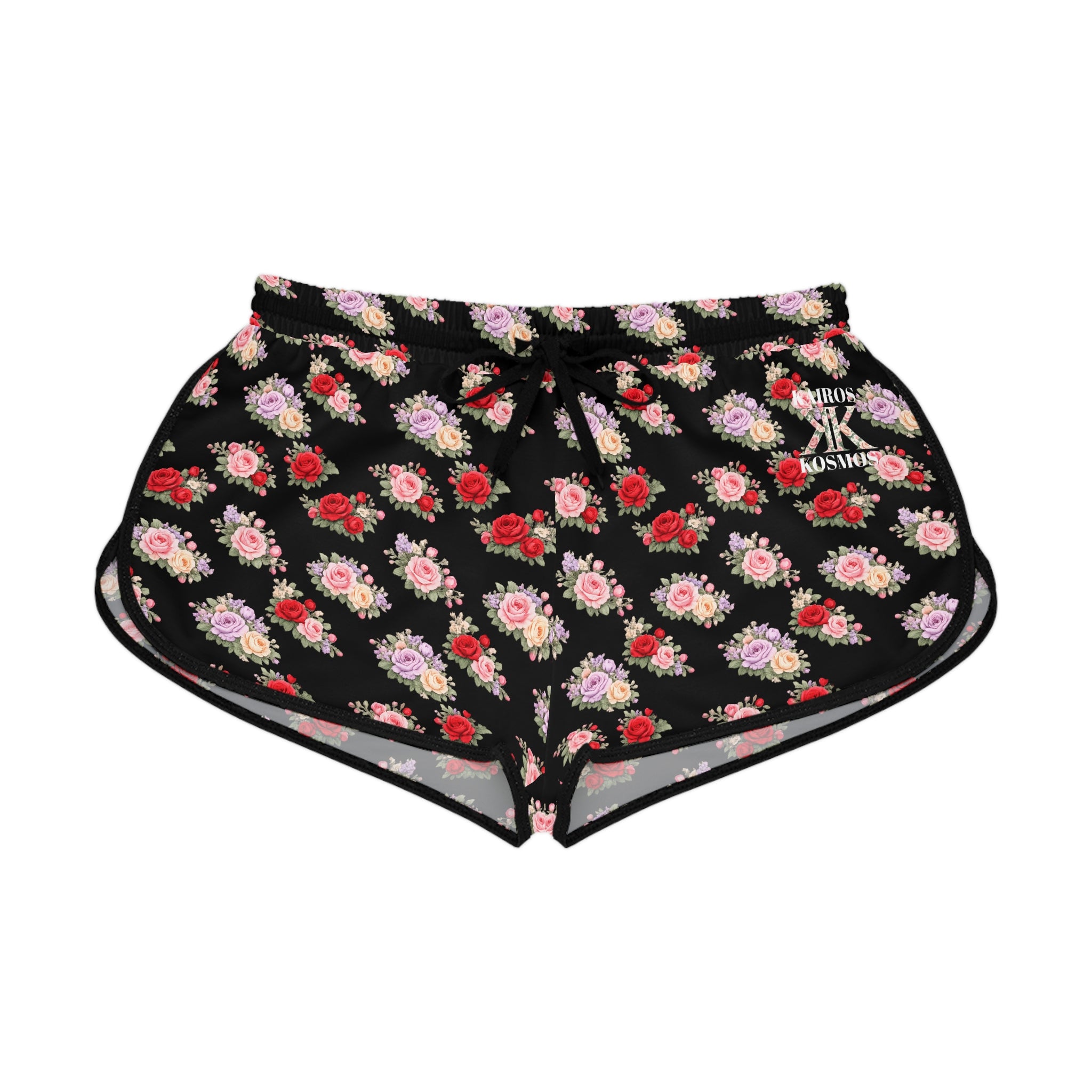 Anthos Collection BLACK Floral Stretch Women's Relaxed Shorts — Vintage Pink & Red Rose All-Over Print