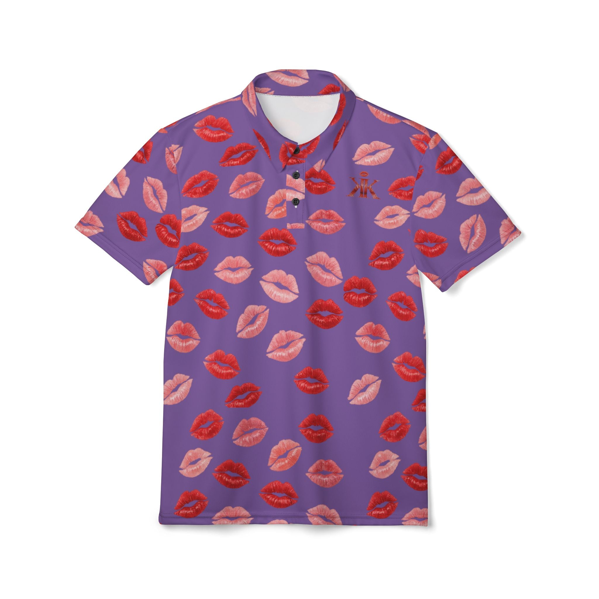 Psyche Collection Light Purple Kiss Print Polo Shirt — Allover Red Lip Pattern