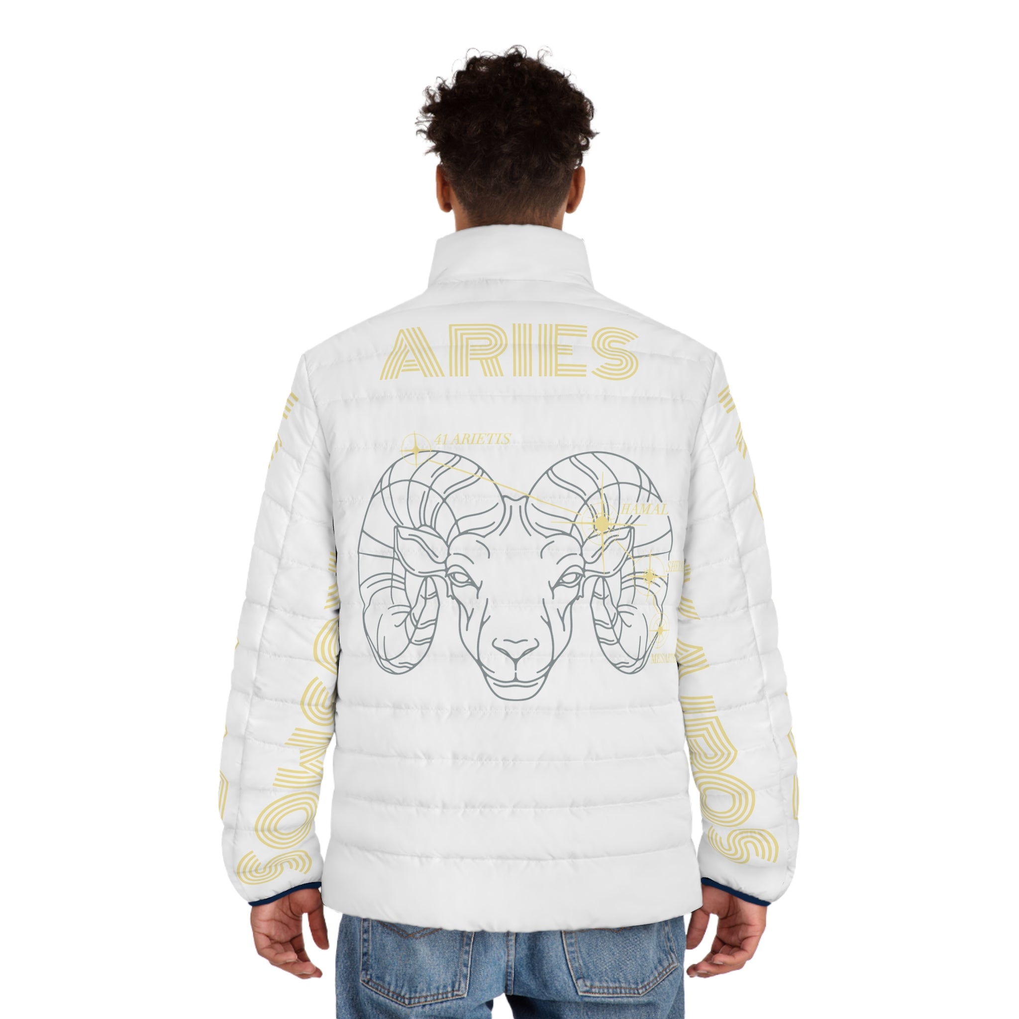 Aether Collection White Aries Puffer Jacket – Zodiac Ram Graphic Men's Jacket