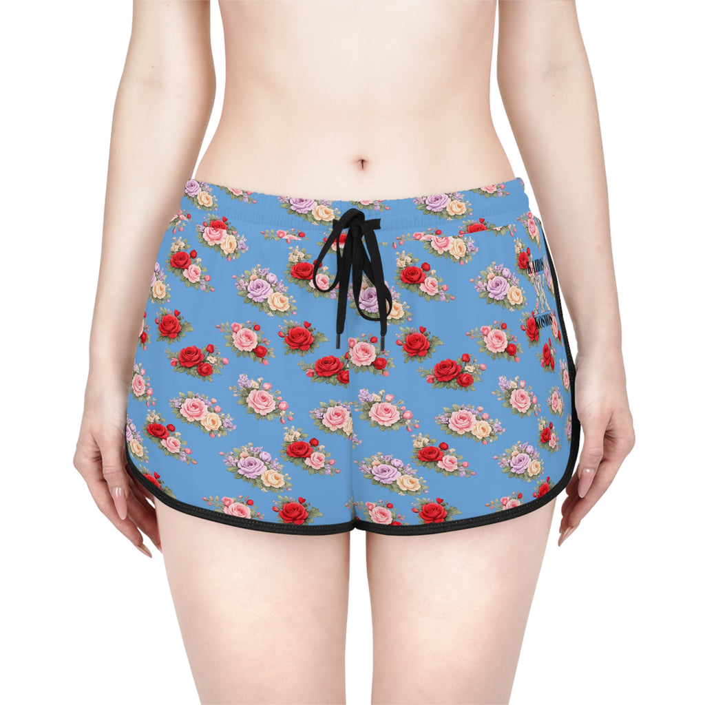 Anthos Collection Light Blue Floral Stretch Women's Relaxed Shorts — Vintage Pink & Red Rose All-Over Print