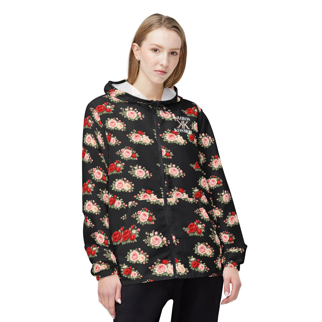 Anthos Collection Black Floral Rose Panel Windbreaker Jacket